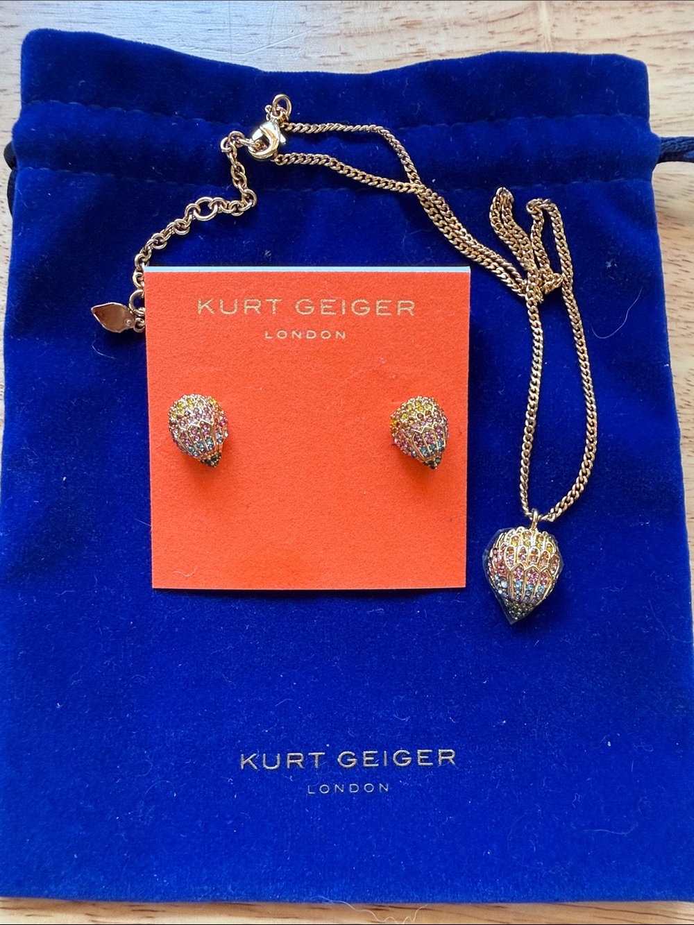 Kurt Geiger Gold Multi-Color Crystal Heart Stud Earrings/necklace set.